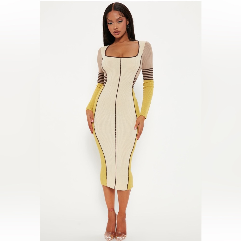 Fashion Nova Zarita Knit Midi Sweater Dress - Cream/combo